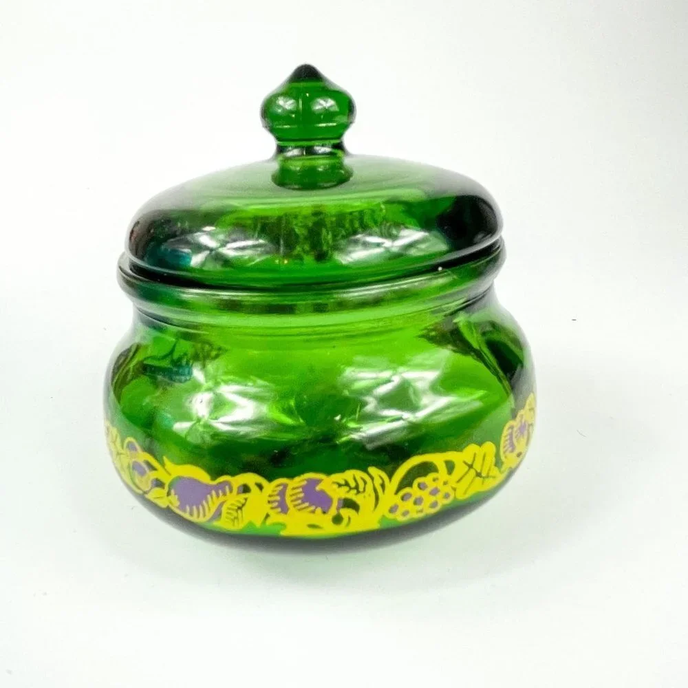 Emerald Green Glass Jam Jelly Jar Purple fruit design Belgium